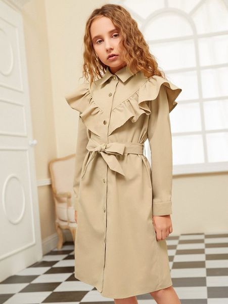 

girls ruffle detail belted shirt dress she, Red;yellow