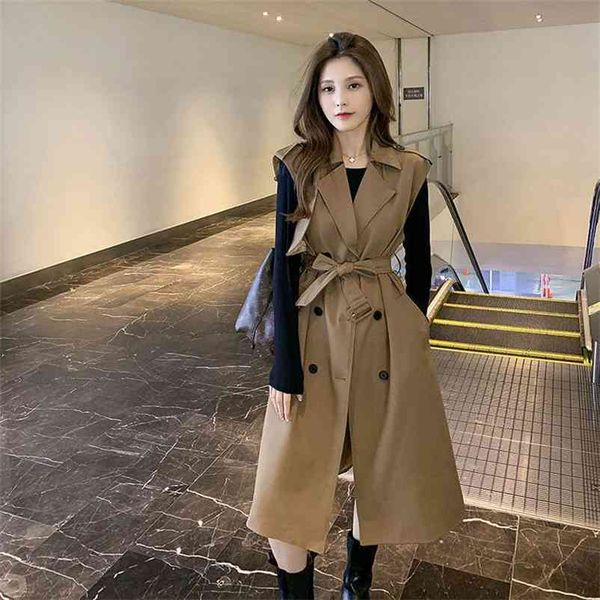 

elegant women long trench vest fashion sashes casual loose office lady vests chic sleeveless double breasted outwears 210519, Black;white