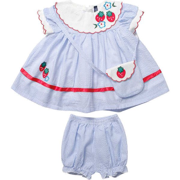 Baby Clibberry Dress Girls Настройка одежды Установить испанские PP Panty Детям Лотия Вышивка Flocks Малыш Летний Наряд 210615