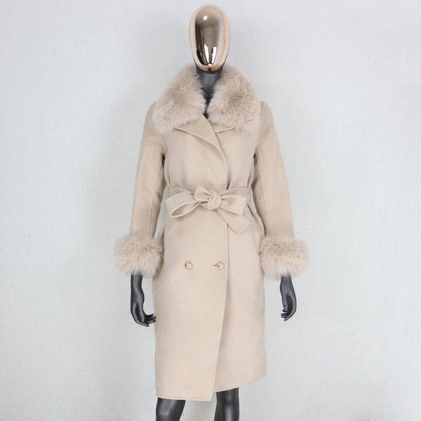 

women's wool & blends 2021 cashmere real fur coat double breasted winter jacket women natural collar and cuffs streetwear, Black