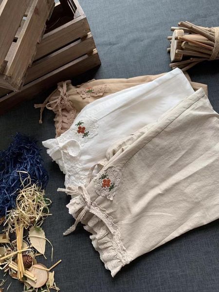 

women's pants & capris japan mori girl cotton linen lace embroidery casual elastic waist harem women, Black;white