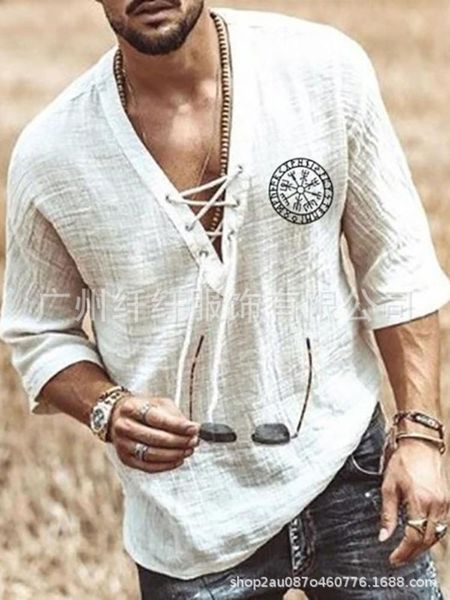 

printed men's chest lace up corns medium sleeve t-shirt, White;black