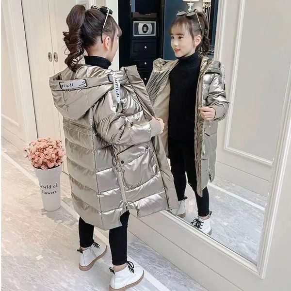 

down coat winter mid-length shiny girls cotton kids thick warm hooded outerwear teenage fashion simple heavy 5 6 7 8 9 10y, Blue;gray