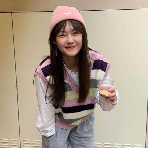 

women's sweaters 2021 korean preppy style v-neck color patchwork stripe sleeveless vest womens knitted female (c9881), White;black