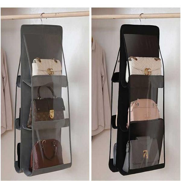 

storage bags foldable 6 pocket hanging handbag organizer 3 layers folding shelf for wardrobe closet transparent bag with hanger pouch