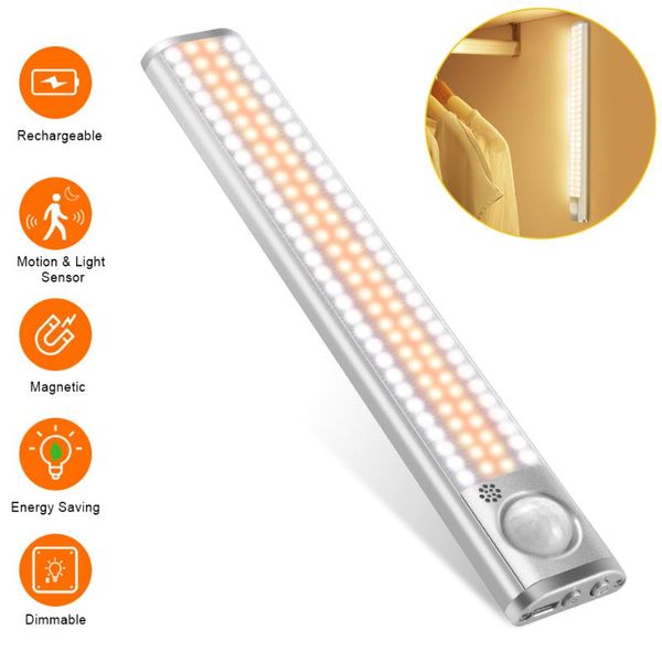 

80/120/160 leds usb rechargeable led cabinet light dimmable pir motion sensor wardrobe closet lamp for bedroom kitchen lighting