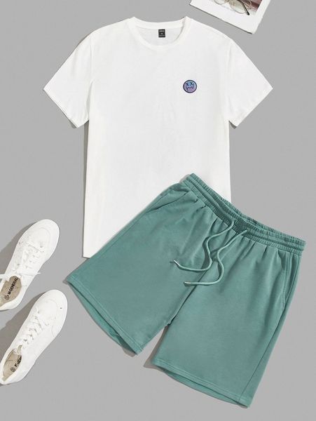 

men patched detail tee & drawstring waist shorts set f65g#, Gray