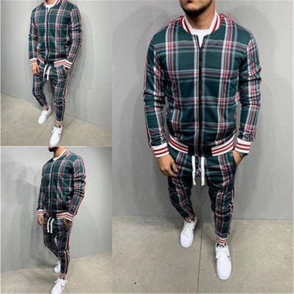 

men plaid stripe fitness tracksuits fashion trend long sleeve pullover trousers casual sets designer male pocket zipper slim sportswear, Gray