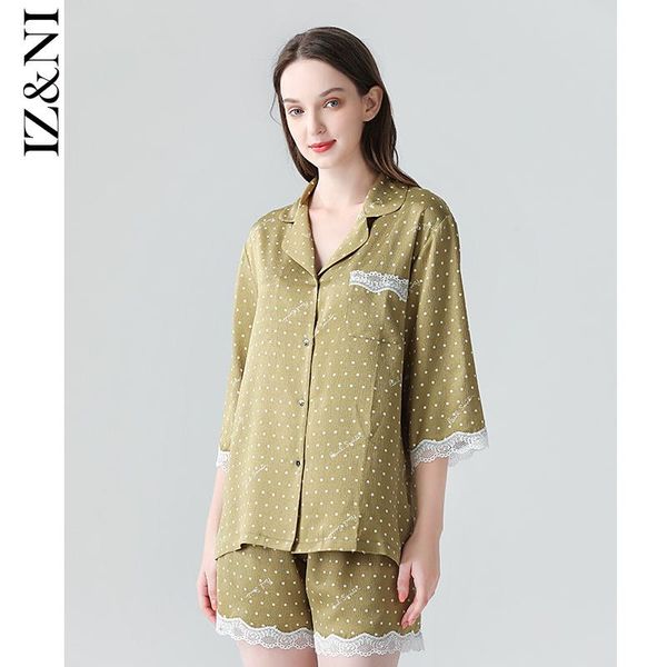 

women's sleepwear iizzini 2021 female short-sleeved summer ice silk pajamas in sleeve thin wave point sweet shorts leisurewear suit, Black;red