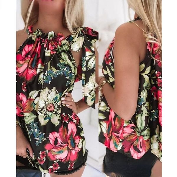 

women's tanks & camis floral print o-neck pleated vest summer fashion lace-up slim sleeveless, White