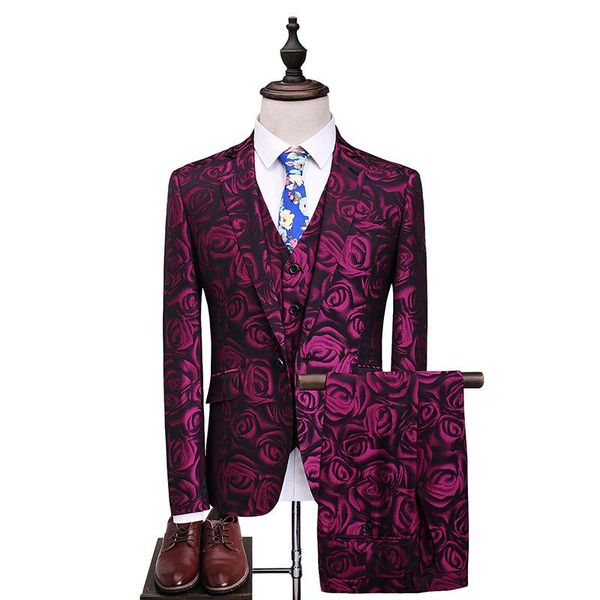 

men's suits & blazers rose flower blazer jacket men + vest pant asia size s-5xl wedding banquet mens with pants amd waistcoat, White;black