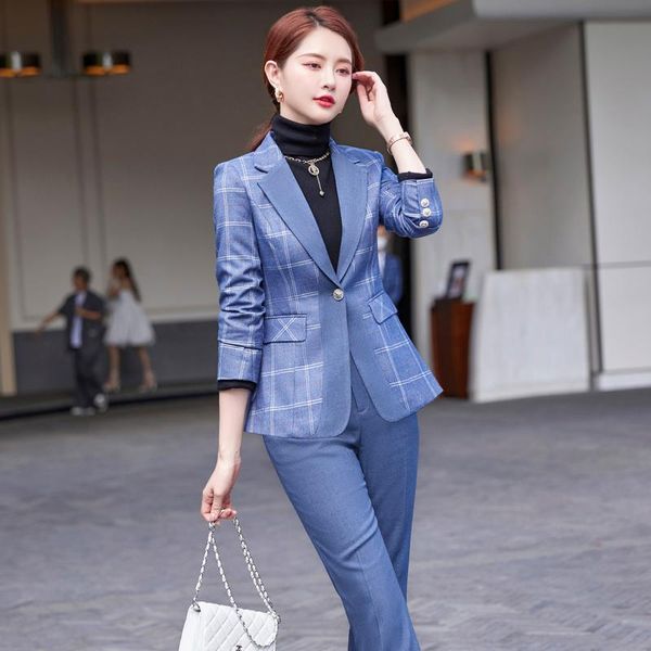 

women's two piece pants fall winter women blazer and 2 suit ol styles fashion blue plaid jacket coat blaser formal professional trouser, White