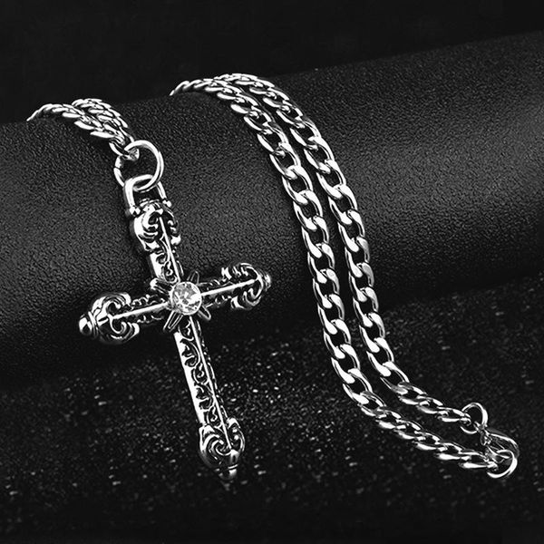 

pendant necklaces gothic punk cross necklace for men women hip hop neck chain collar stainless steel long male fashion streetwear, Silver