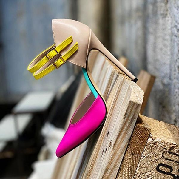 

dress shoes multicolor double buckle strap high heel pumps pointed toe cut-out stiletto heels patchwork big size, Black