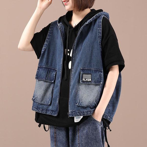 

women's vests nini wonderland 2021 autumn korean style denim jacket vest women sleeveless zippers hooded loose short coat casual outerw, Black;white