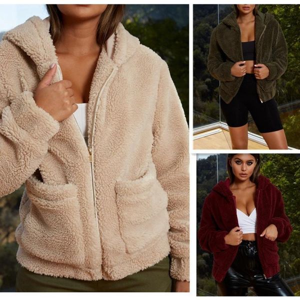 

lugentolo winter jacket women warm hooded long sleeve zipper solid color pockets flocking jackets women's, Black;brown