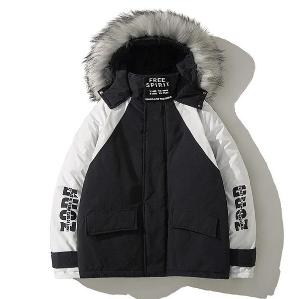 

men's down & parkas winter warm jacket with large fur collar mid-length cotton-padded padded hooded parka, Black