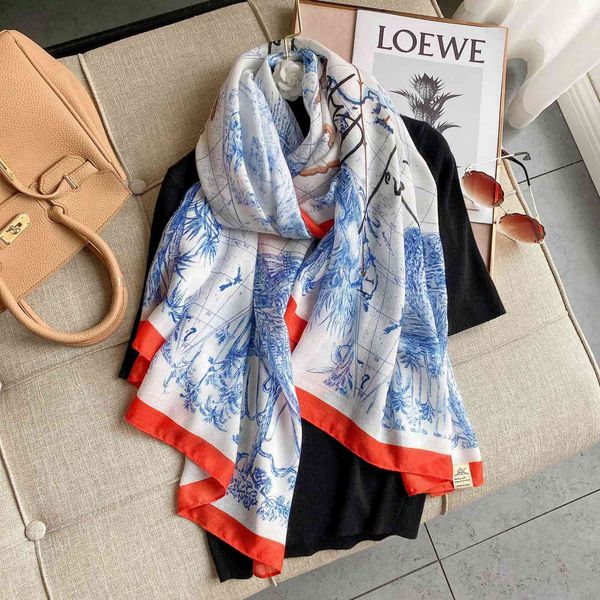 

2021 spring and summer fashion printed women's korean cotton hemp medium long silk scarf tourism beach towel shawl, Blue;gray