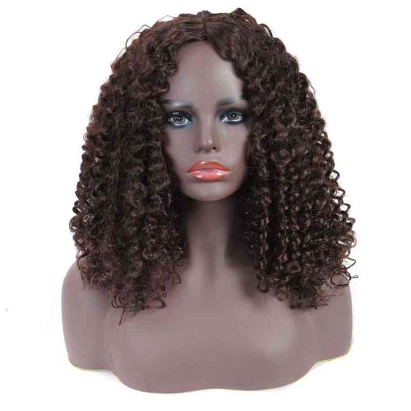 

small wig women's brown dyed curly mid long hair headgear 2021, Black;brown