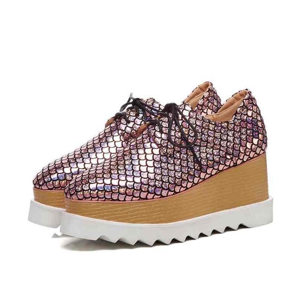

dress shoes autumn spring fish scales decoration increased princess fairy lace up wedges waterproof 57-a, Black