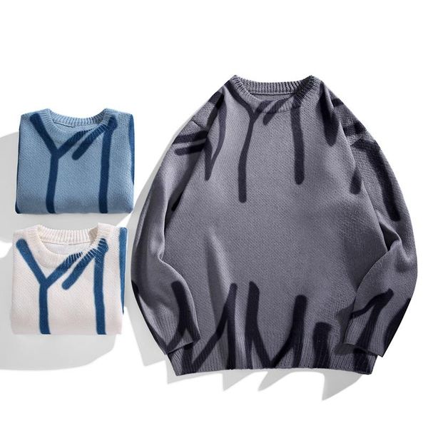 

men's sweaters autumn winter tie-dye sweater warm fashion casual knitted pullover men korean loose o-neck mens clothes, White;black