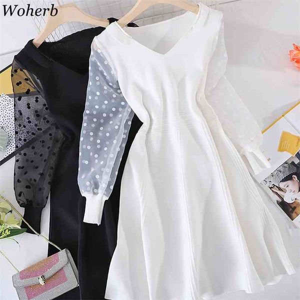

dress women patchwork gauze polka dot dresses puff sleeve v-neck robe korean fashion slim knitted vestidos mujer 210519, Black;gray