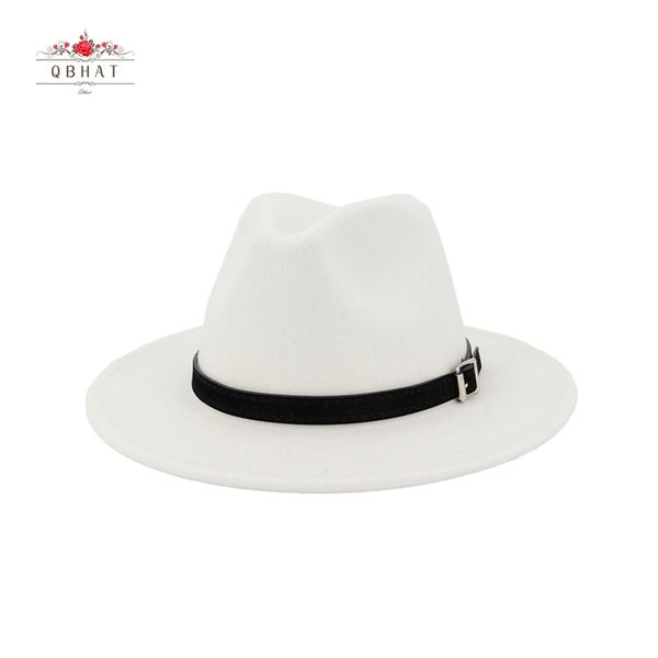 

qbhat men women wide brim wool felt fedora panama hat with belt buckle jazz trilby cap party formal in white,black 210709, Blue;gray