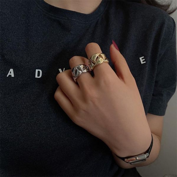 

wedding rings vintage hollow knitting chain opening finger ring for women girl metal geometric wide joint party jewelry anillos, Slivery;golden