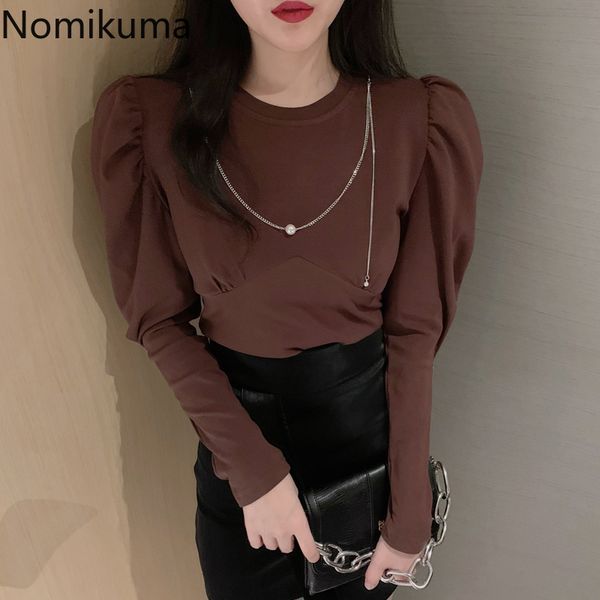 

nomikuma puff sleeve t shirt women o neck slim basic female solid color casual autumn tshirts ladies ropa mujer 3d621 210514, White