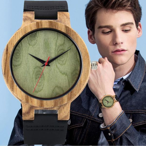

wristwatches natural wood watch men's simple green dial wooden men clocks mens watches retro leather band man clock male reloj de mader, Slivery;brown