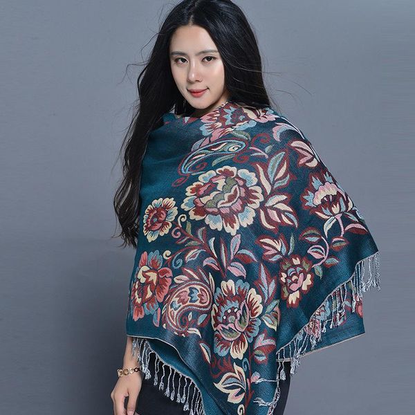 

scarves women ethnic jacquard scarf flower print travel bufanda lady air conditioning shawl oversized thickened warm tassel pashmina, Blue;gray