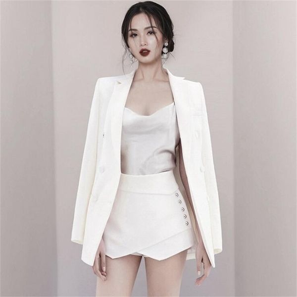 

women office lady black solid short pant suits 2 two piece set fashion notched jacket blazer + zipper femme sets 210603, White