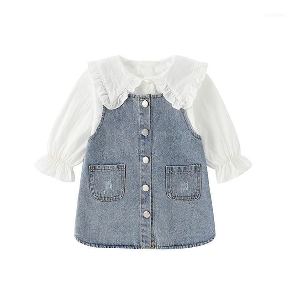 

5 t spring born baby girl clothes outfits sets kids t-shirt + denim skirt suit for infant clothing set1, White