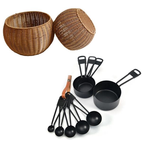 

storage baskets 9pcs kitchen measuring spoons teaspoon coffee sugar scoop & 2x imitated rattan round basket home deskfruit