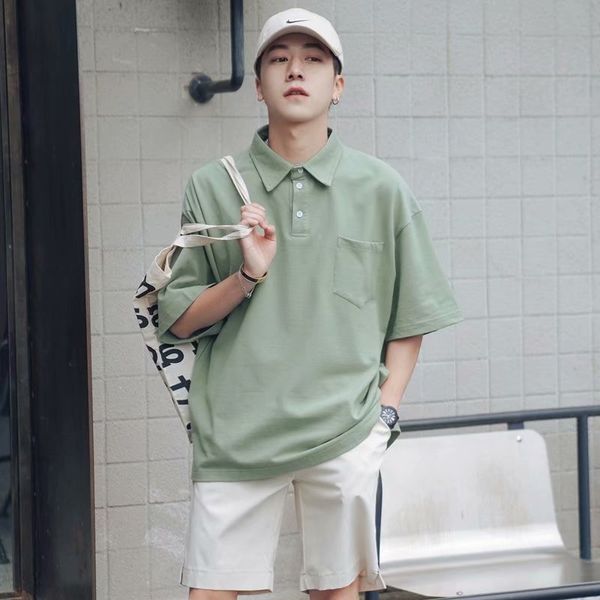 

net red trend short-sleeved men's tide brand loose hong kong style t-shirt lapel polo shirt ins trend handsome short-sleeved t-shirt, White;black