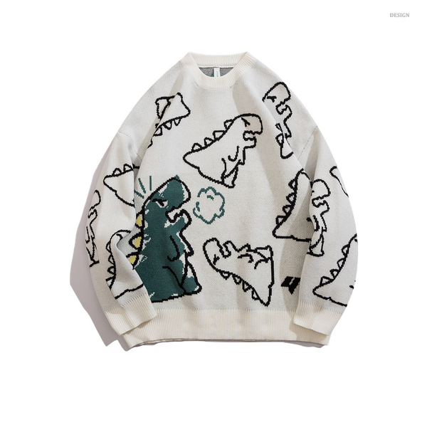 

bolubao sweater men harajuku knitted hip hop streetwear dinosaur cartoon pullover o-neck oversize casual couple male sweaters, White;black