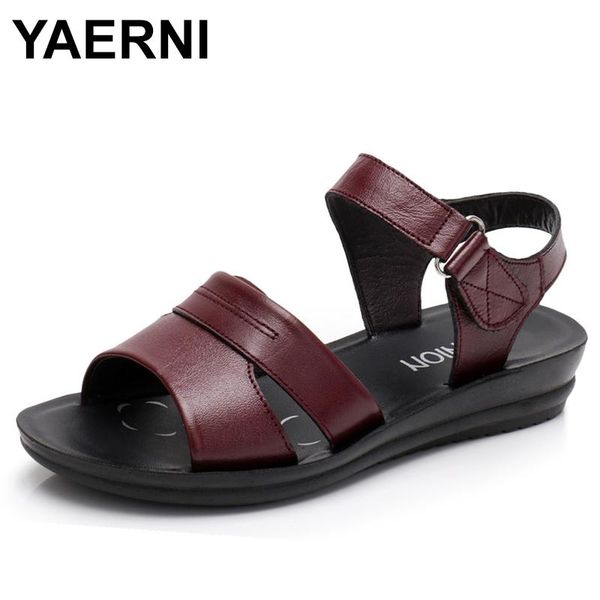 

yaerniclassics genuine leather women flatsandals summer shoes woman casual solid hook & loop female sandals sandalias mujere1163, Black