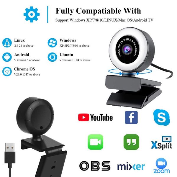 

webcams mini webcam full hd 1080p 2k usb computer camera auto focus fill light cam with microphone led ring for meeting office