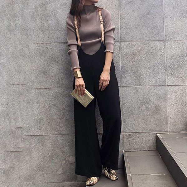 

Korean Wide Leg Woolen Women Pant Straps Big Straight High Waist Drop Trousers Streetwear Harajuku, Black;white