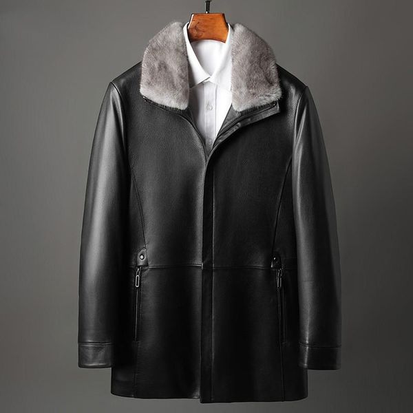 

men's leather & faux genuine down jacket mens long type coat mink lapel winter clothes, Black