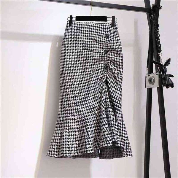 

autumn and winter high waist women skirt tartan split faldas jupe, Black
