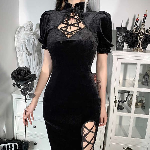 

long cheongsam skirt women 2021 new slim retro modified dress 21495a, Black;gray