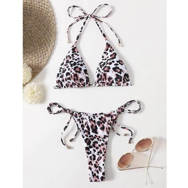 

women's swimwear leopard bikini 2021 tie-dye lace up high cut leg print set two piece swimsuit bathing suits biquini, White;black