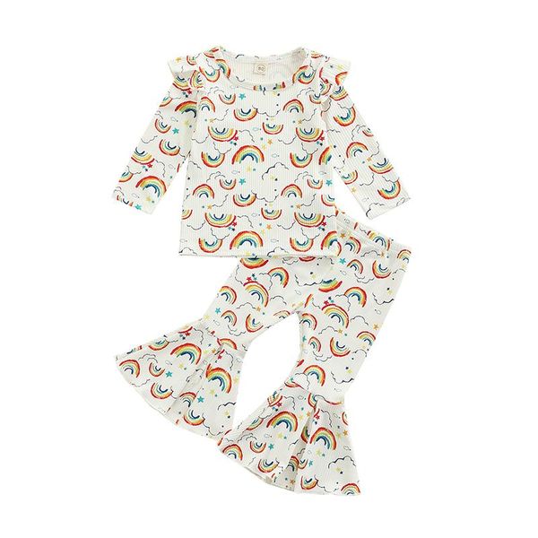 

clothing sets 2021 autumn kids baby girl rainbow outfits long sleeve cotton t-shirt flared pant bell bottom 2pcs girls set, White