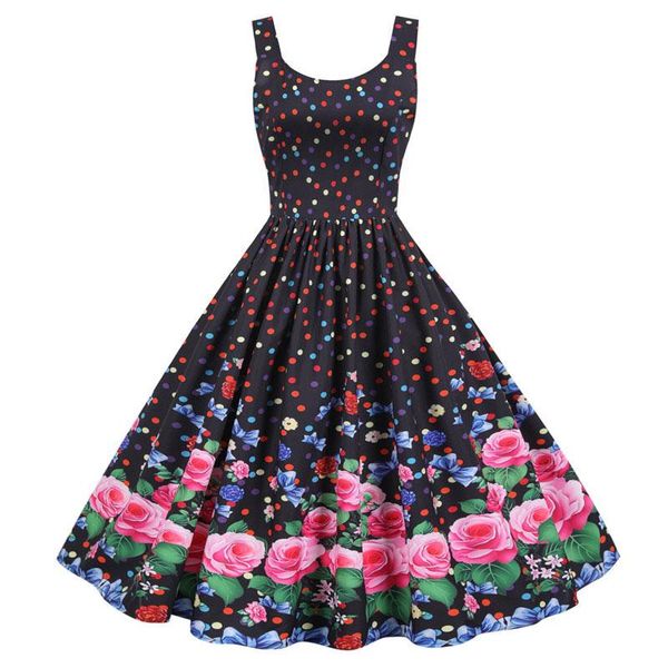 

casual dresses 2021 summer vintage dress women spaghetti strap floral print high waist elegant sleeveless a-line party midi robe femme, Black;gray