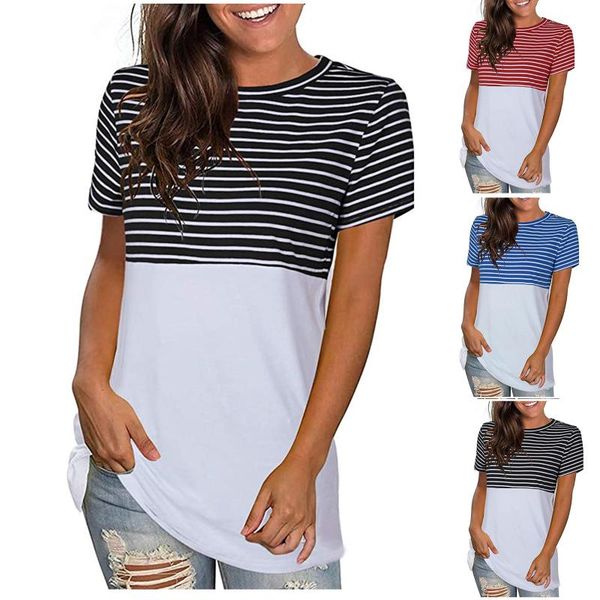 

40# stripe splicing t-shirts women's harajuku oversized casual tee o-neck short sleeve summer t-shirt ropa de mujer 2021, White