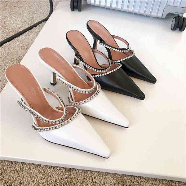 

pointed toe women slippers black/white chain slides fashion thin high heels slides mules shoes summer dress pump 210513