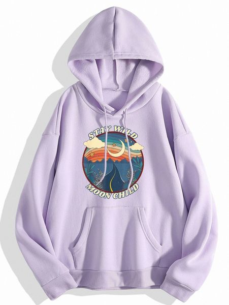 

moon & letter graphic kangaroo pocket drawstring thermal hoodie o5t7#, White;black