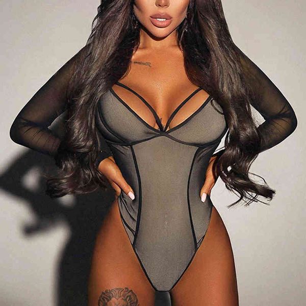 Mulheres Sexy Bodysuits Malha Transparente Clube Romper Patchwork Slim Manga Longa V Pescoço Streetwear Feminino Bodysuit 210517