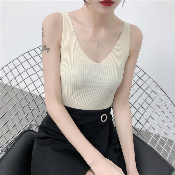 

women's vests crop gothic womens clothing summer camisole with knitted ice silk v-neck straps wild bottoming shirt, Black;white